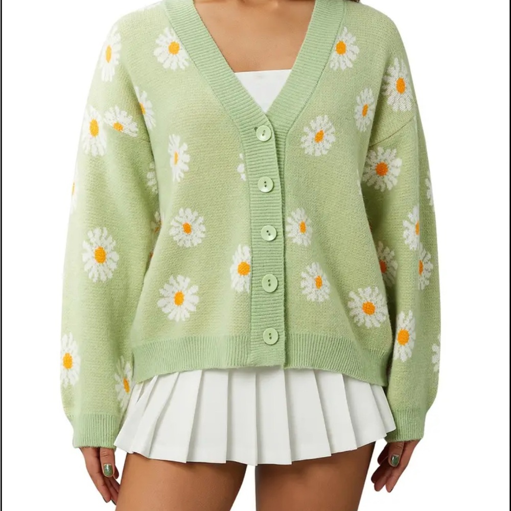 ROMWE Green and White Floral Cardigan Sweater
